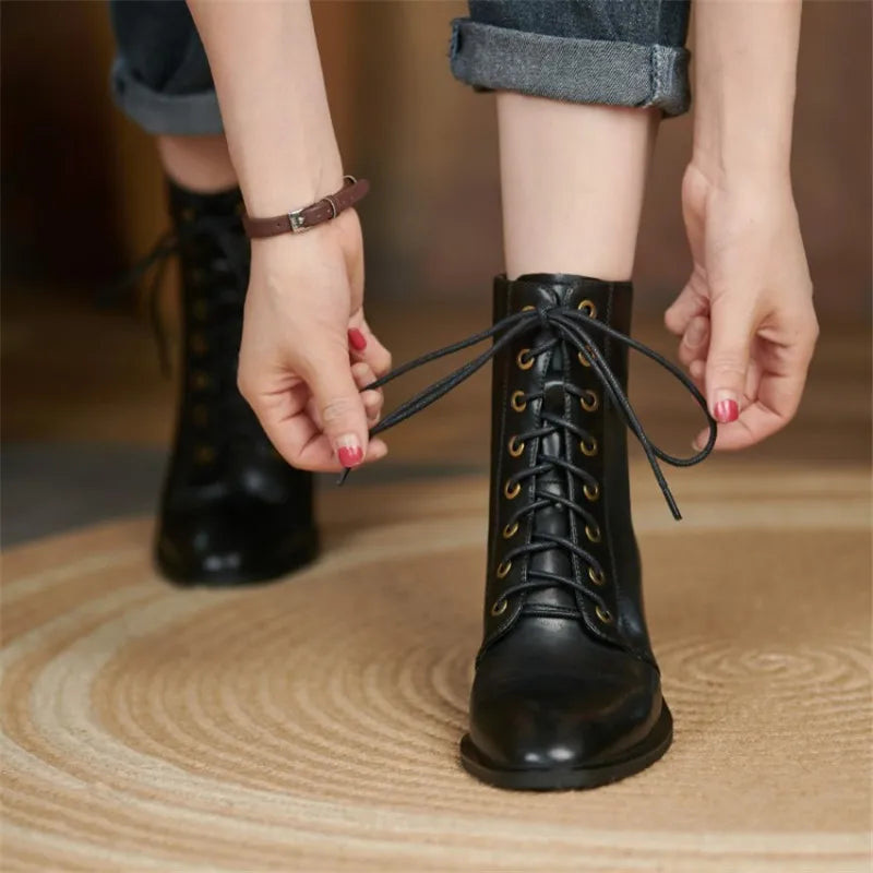 Women's Round Toe Split Leather Boots with Chunky Heels