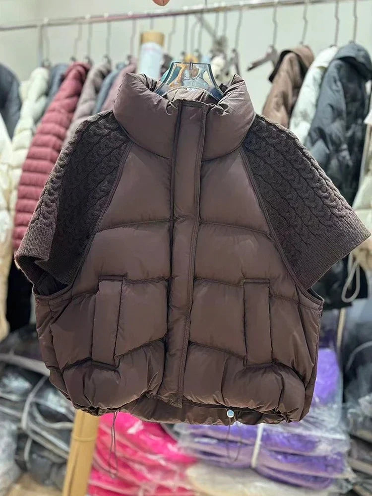 Short Puffer Jacket Sleeveless Duck Down Coat Warm Lightweight Patchwork Knitted Warm Drawstring Short Puffer Down Waistcoat