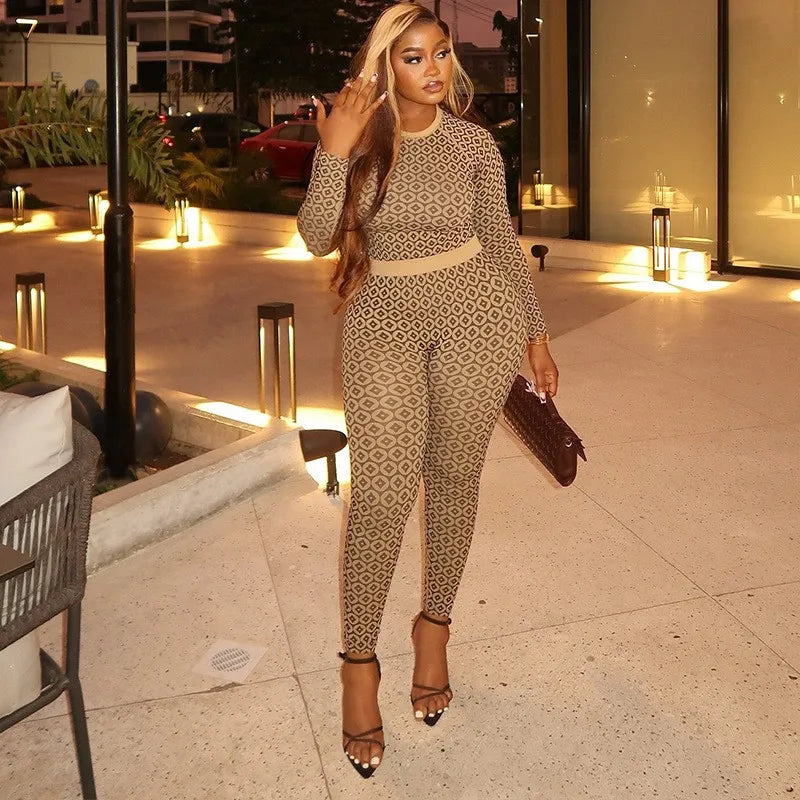 Women's Fashion Sets Slim Print Pants Y2K O-neck Long Sleeve Top Stretch Hip Package Pencil Trousers 2025 Spring Sexy Lady Suits
