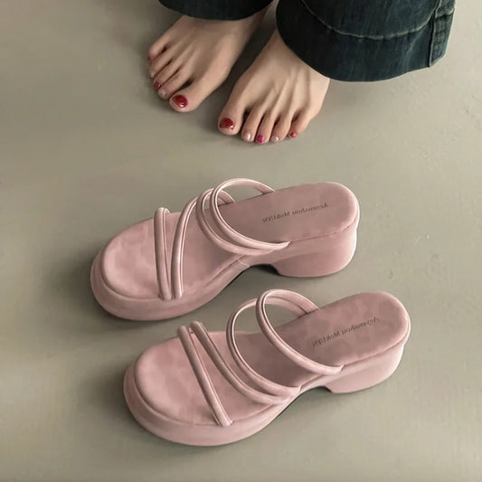 Summer Platform Heel Women Slippers Fashion Open Toe Narrow Band Slide Ladies Elegant Street Style Shoes Fashion Sandals Slides