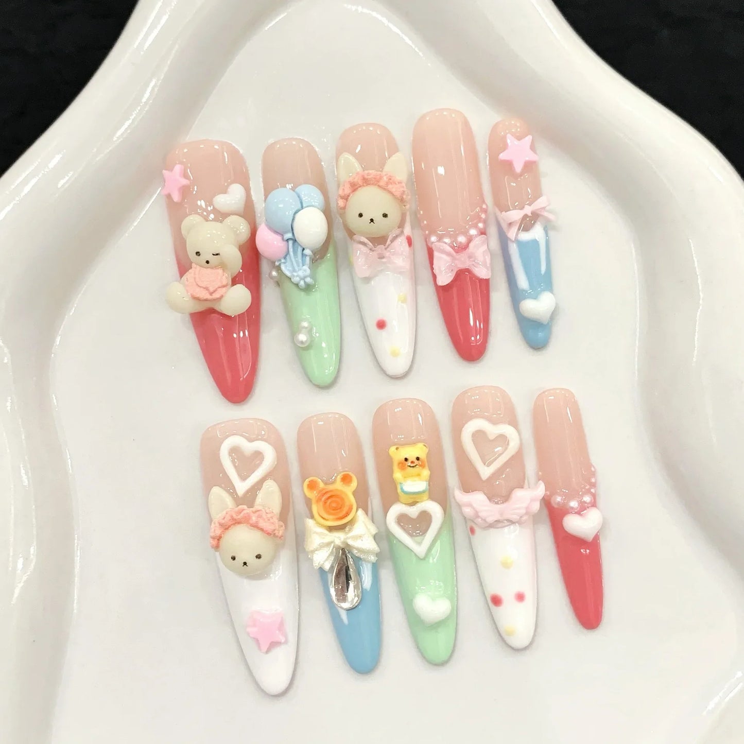 Set de Uñas Postizas Conejito y Oso Kawaii