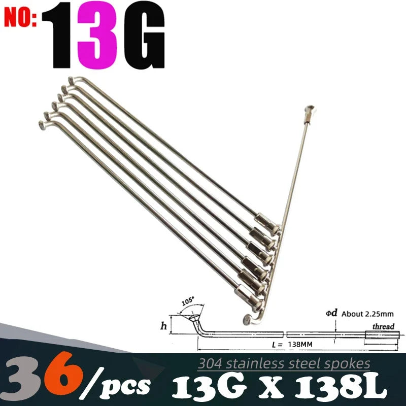 36Pcs 13G(2.25mm)122-240MM 304 Stainless Steel Bicycle Spokes & Nut Electric E-Bike Cycle