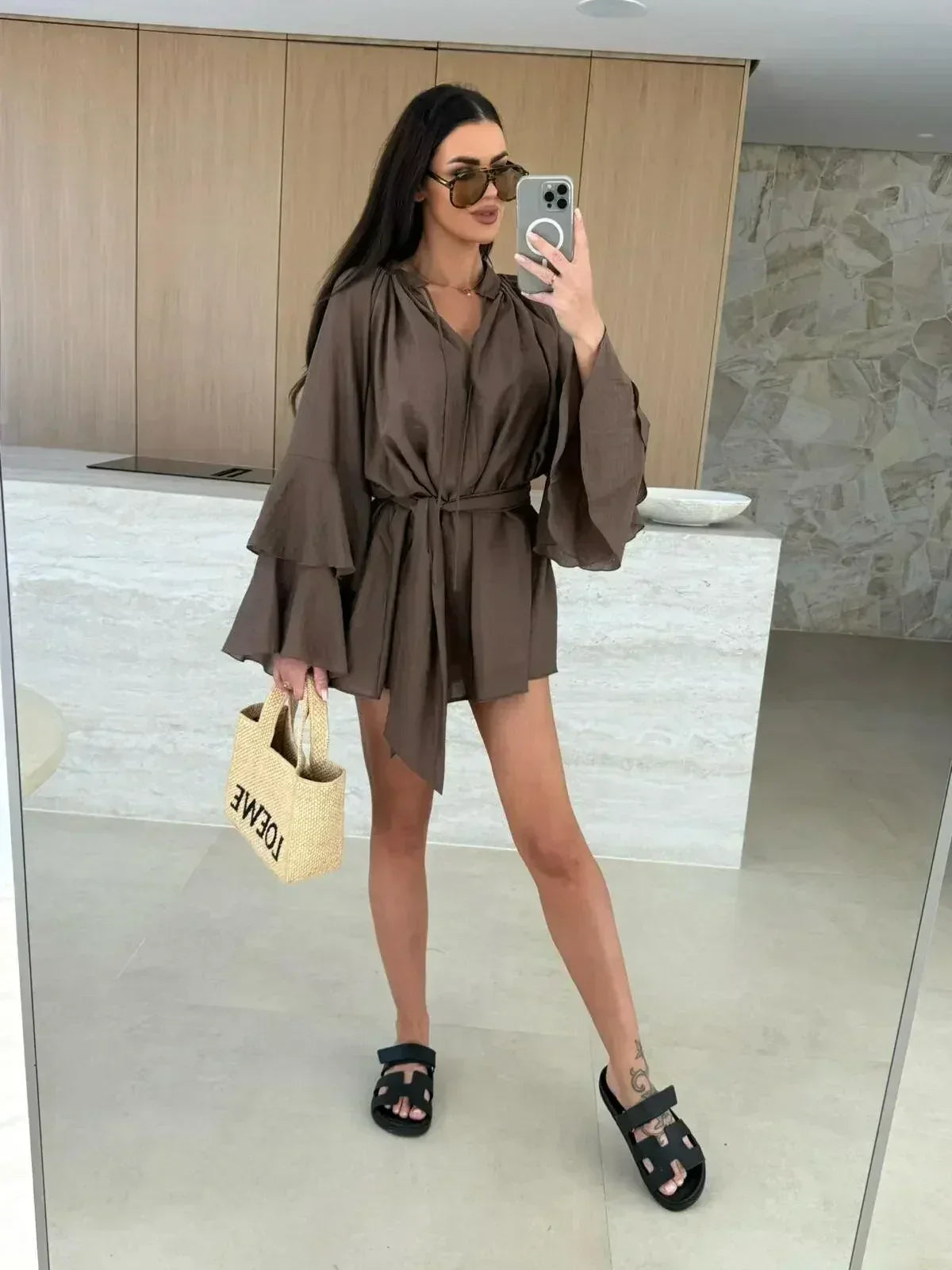Elegant Fold Dress Women Brown Deep V-neck Long Sleeve Mini Dresses Female 2025 Spring Summer Fashion Loose Lady Vestidos