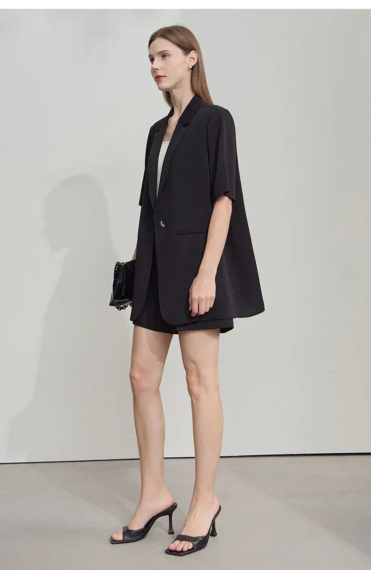 Amii Women's Top Minimalist 2025 Summer New Notched Lapel Contrast Material Patchwork One Button Short Sleeve Blazer 12542081