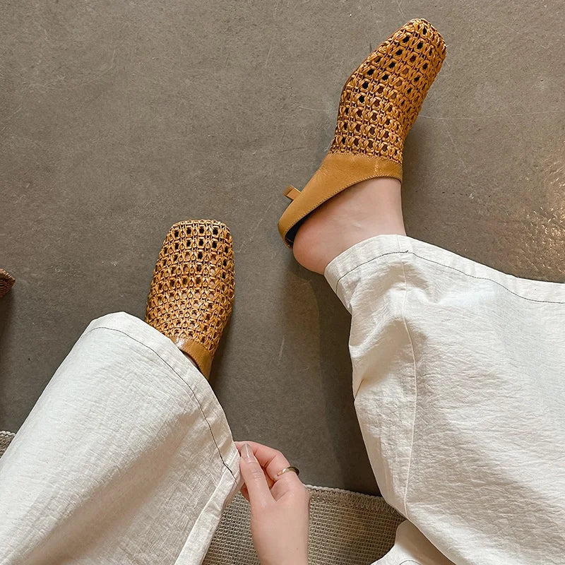 2026 Women Slippers Square Toe Med Heel Women Shoes Roman Black Women Sandals Gladiator Handmade Ladies Modern Slippers