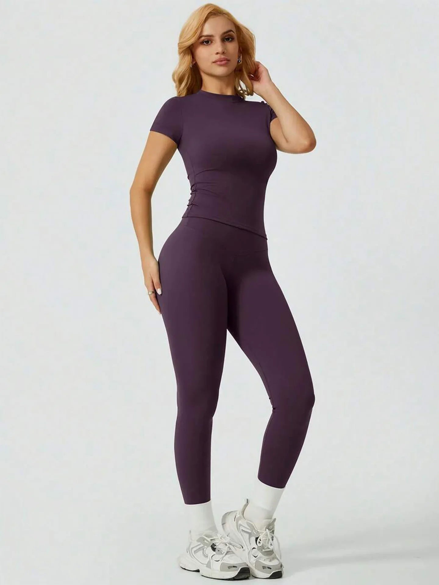 2 Piece Yoga Set Women Short Sleeve Top High Waist Leggings Gym Workout Clothing Tummy Control Fitness Sportswear Activewear Sui