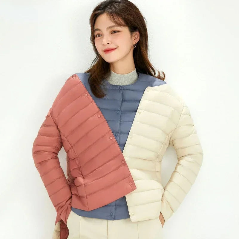 New Female Light Down Coat Women Liner Duck Down Jacket O-neck Variable V-neck 2024 Fall Collarless Light Quilted Puffer Coat