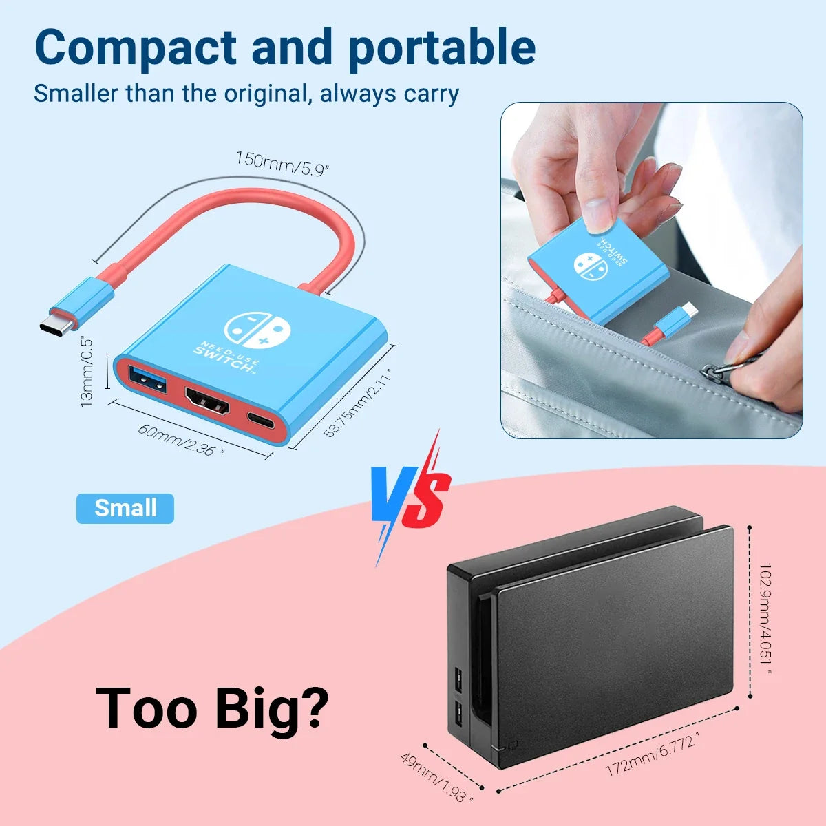 3 in 1 USB C Docking Station 4K HDMI GAME HUB Adapter 100W PD USB 3.0 Hub for Switch, MacBook & Phones