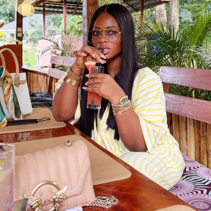 New African Fashion Women Two Piece Set Yellow Striped Printed Loose Shirt Top and Wide Leg Pants Set Outfits
