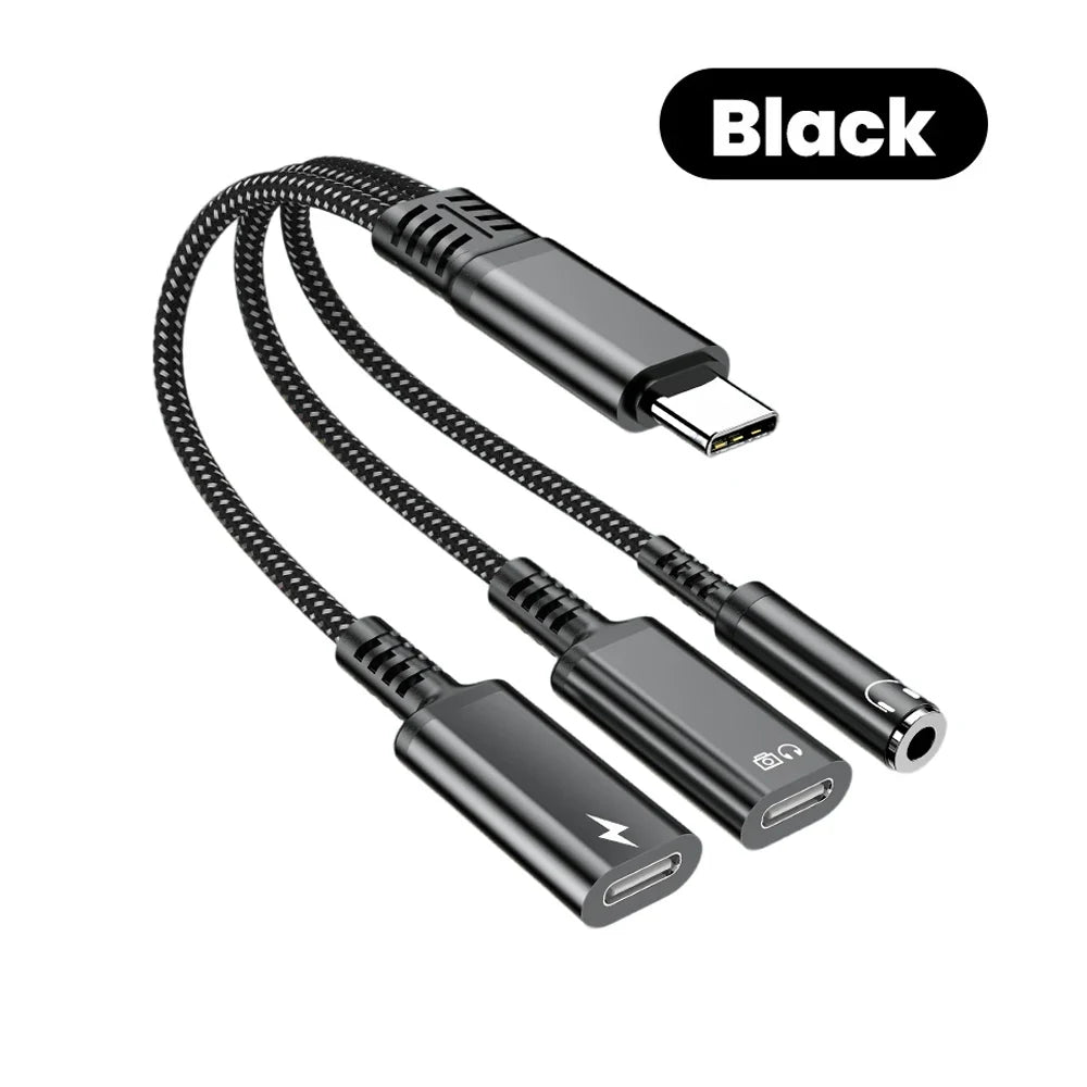 PD 60W Type C to Dual Type C 3.5mm Headphone and Charger Adapter 3 In1 USB C to AUX Audio Jack Dongle Cable For Samsung IPhone16