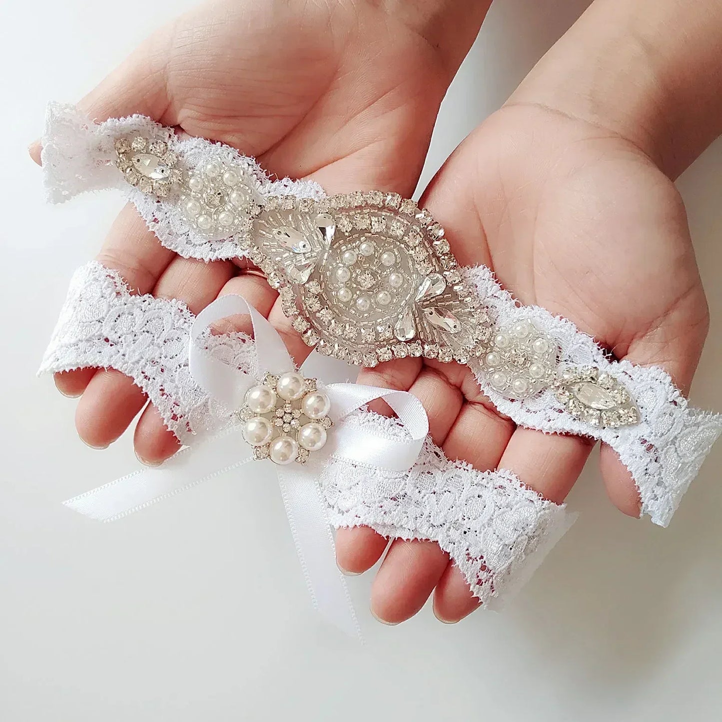 K03 2 PCS Sexy Lace Flower Crystal  Pearls Wedding Garter Belt Thigh Ring Bridal Leg Garter Stocking Garter Belt Girl Women