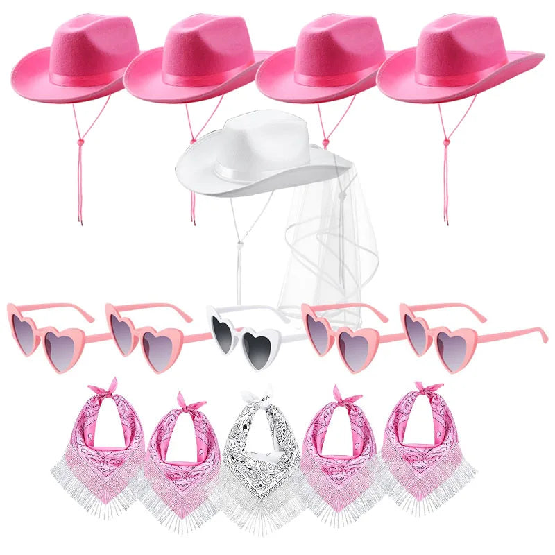 5-12Set Cowgirl Cowboy Hats Bachelorette Cowboy Hats for Bridal Shower Wedding Rhinestone Bandana Heart Glasses for Last Disco