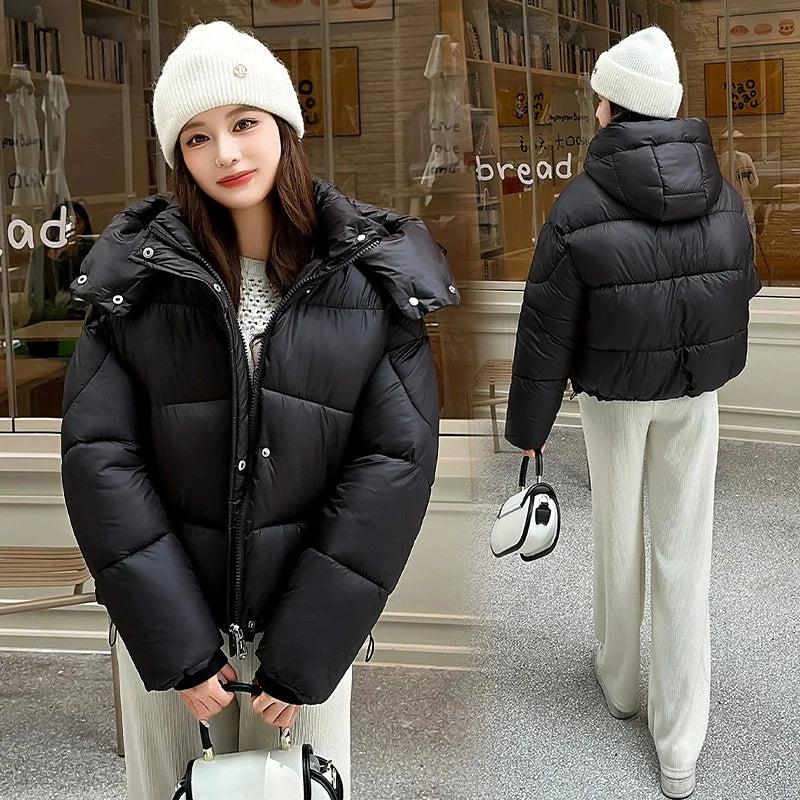 2026 Winter Women Thicke Cotton Coat Loose Hooded Puffer Jacket New Cropped Down Cotton Padded Coat  Female Parkas Outwear
