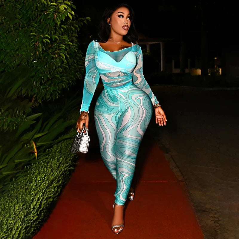 Mesh see through long sleeved top, tight pants, vortex print two-piece set