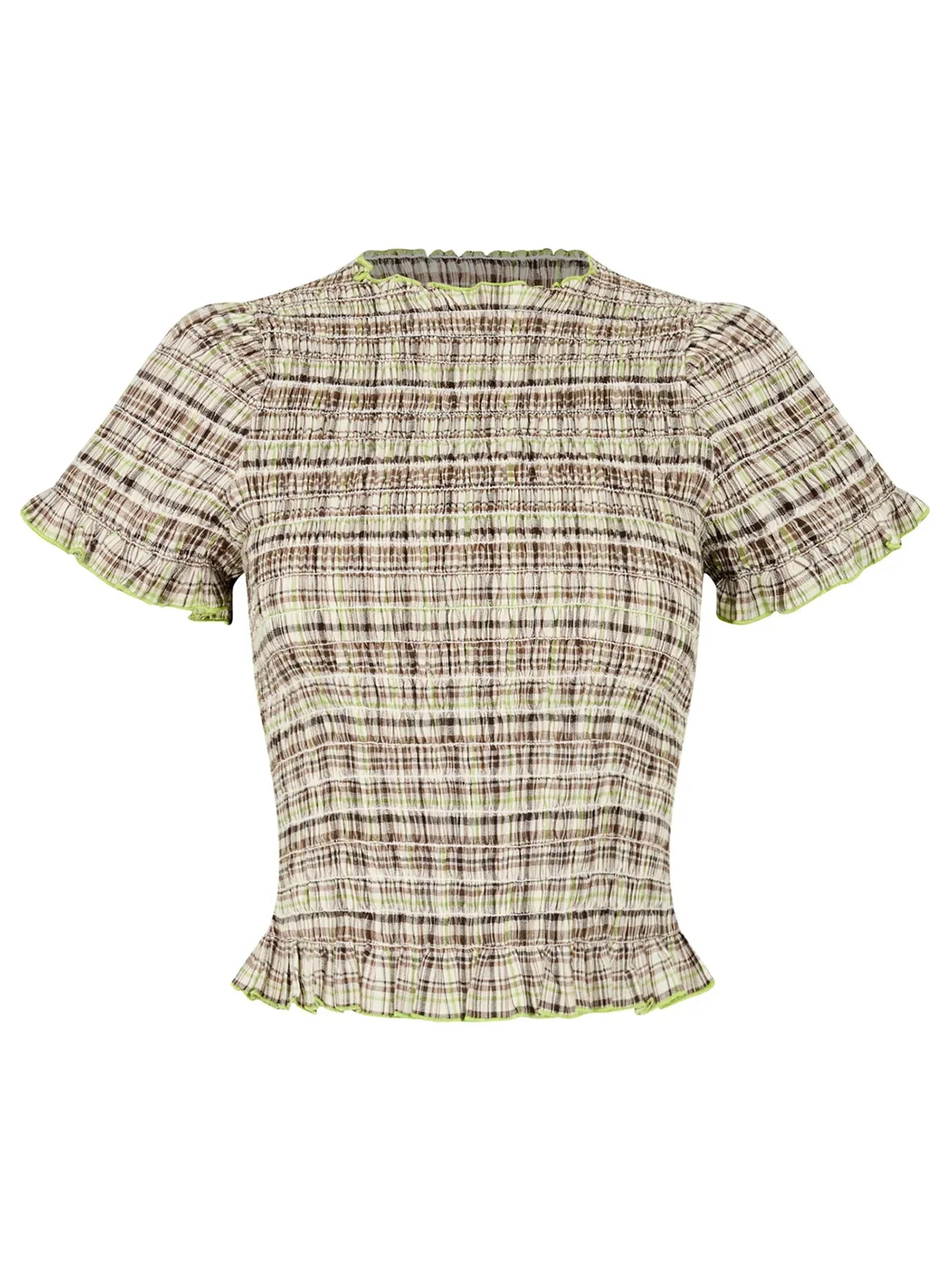 Women Casual Summer Plaid Print Shirred Tops Slim Mock Neck Short Sleeve Crop Ruffle T-shirts Streetwear