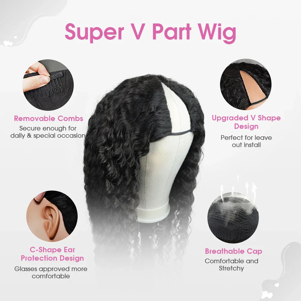 Peluca de parte V 250% de cabello humano sin mechones, actualización de peluca en forma de U hecha a máquina, rizada con ondas profundas, pelucas de cabello humano para mujeres, 100% de alta densidad.