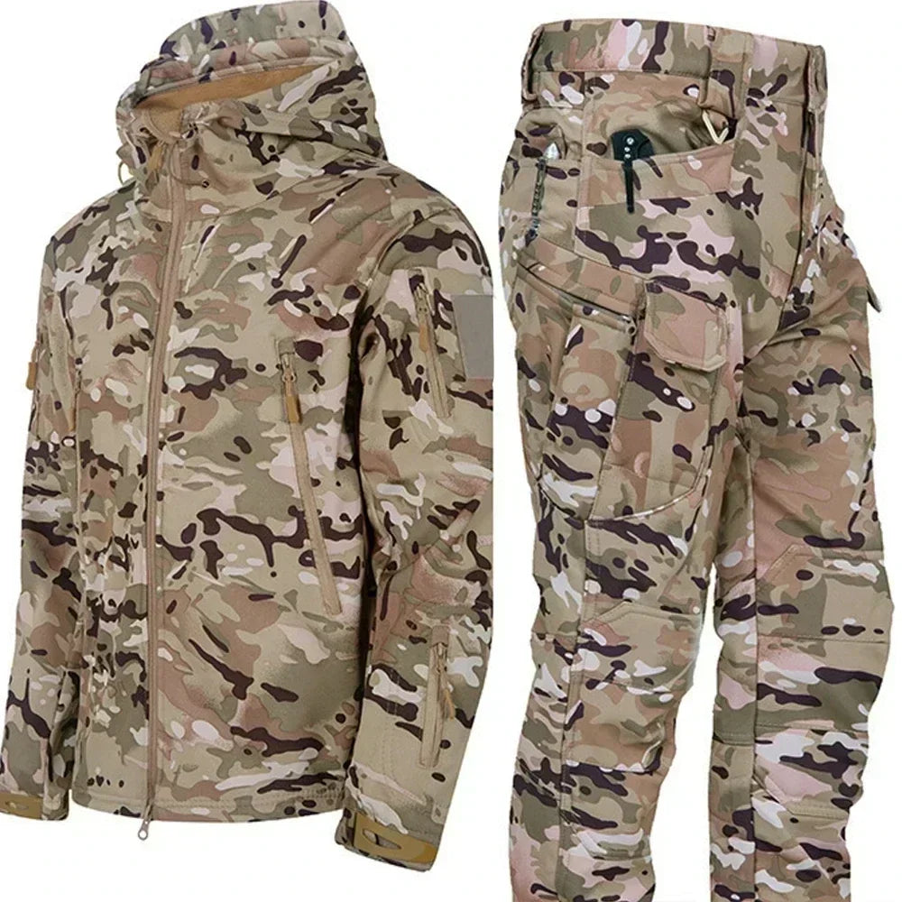 Camo Winter Tactical Sets Men Shark Skin Soft Shell Hooded Jacket+Multi-pocket Straight Cargo Pant 2Pcs Suits Waterproof Set