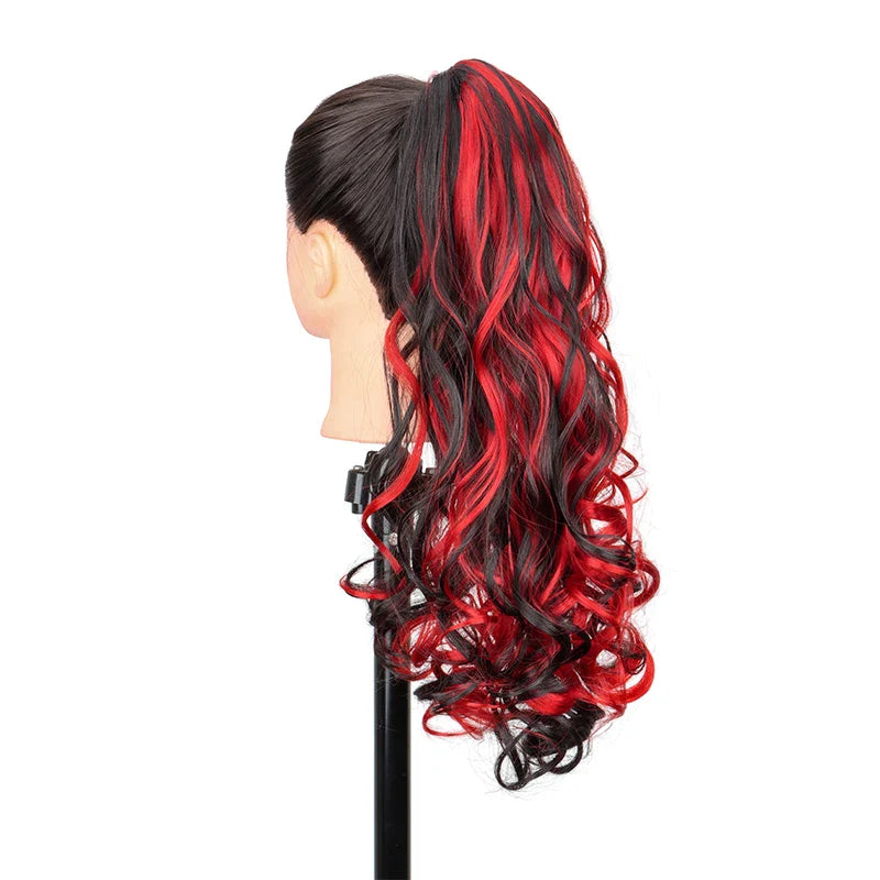 20 Inch Long Curly Ponytail Hair Extension | Mixed Red Purple Clip-In Hairpiece