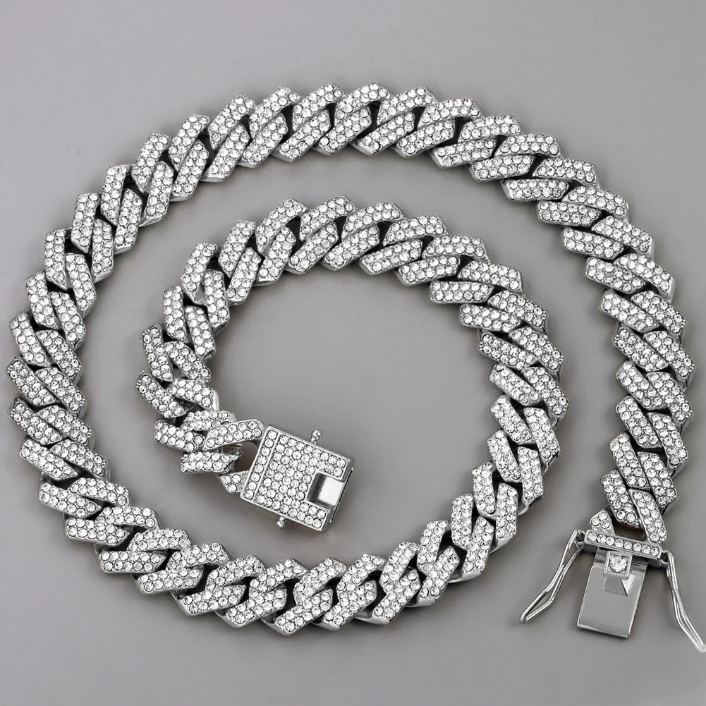 14mm Iced Out Prong Cuban Link Chain Necklace for 2 Row Rhinestone