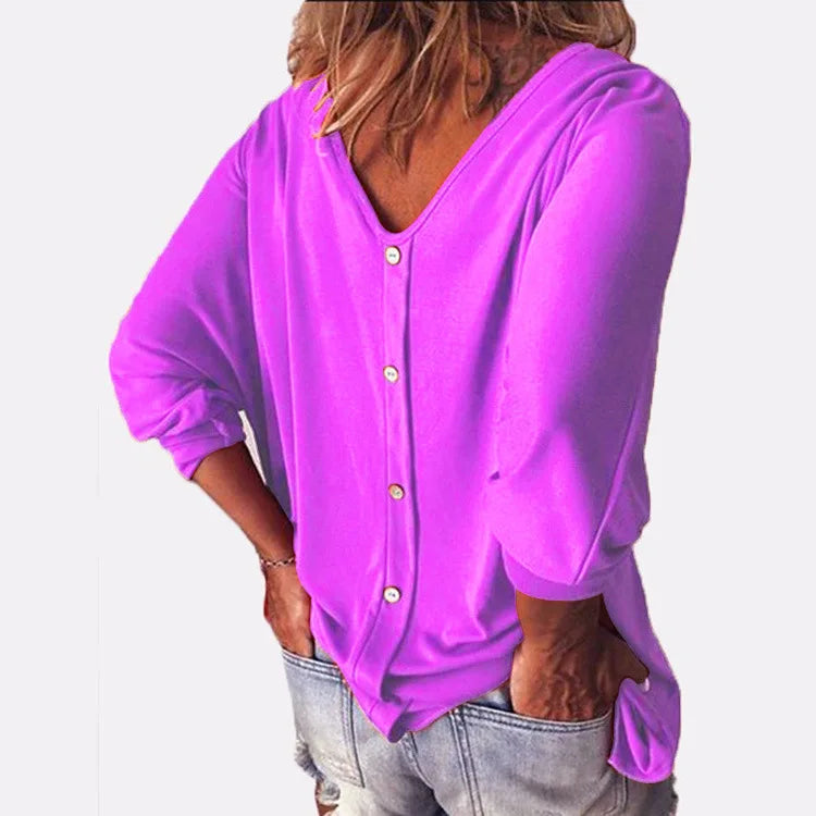 Plus Size Loose Women's Shirt V-Neck Overhead Three-Quarter Sleeve Casual Female Top Button Decoration Padded Shoulder