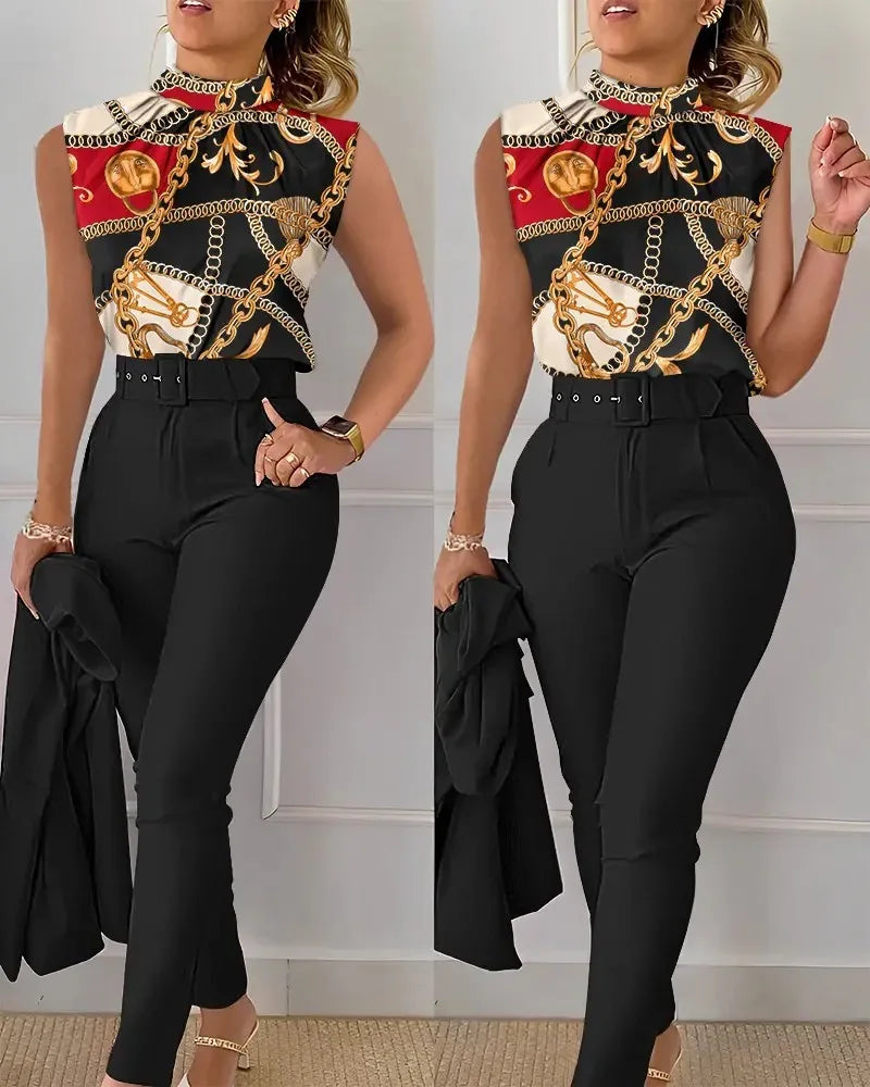 New Fashion Elegant Sleeveless Print High Waist With Belt Shirt And Pant Casual Fashion Two Piece Set