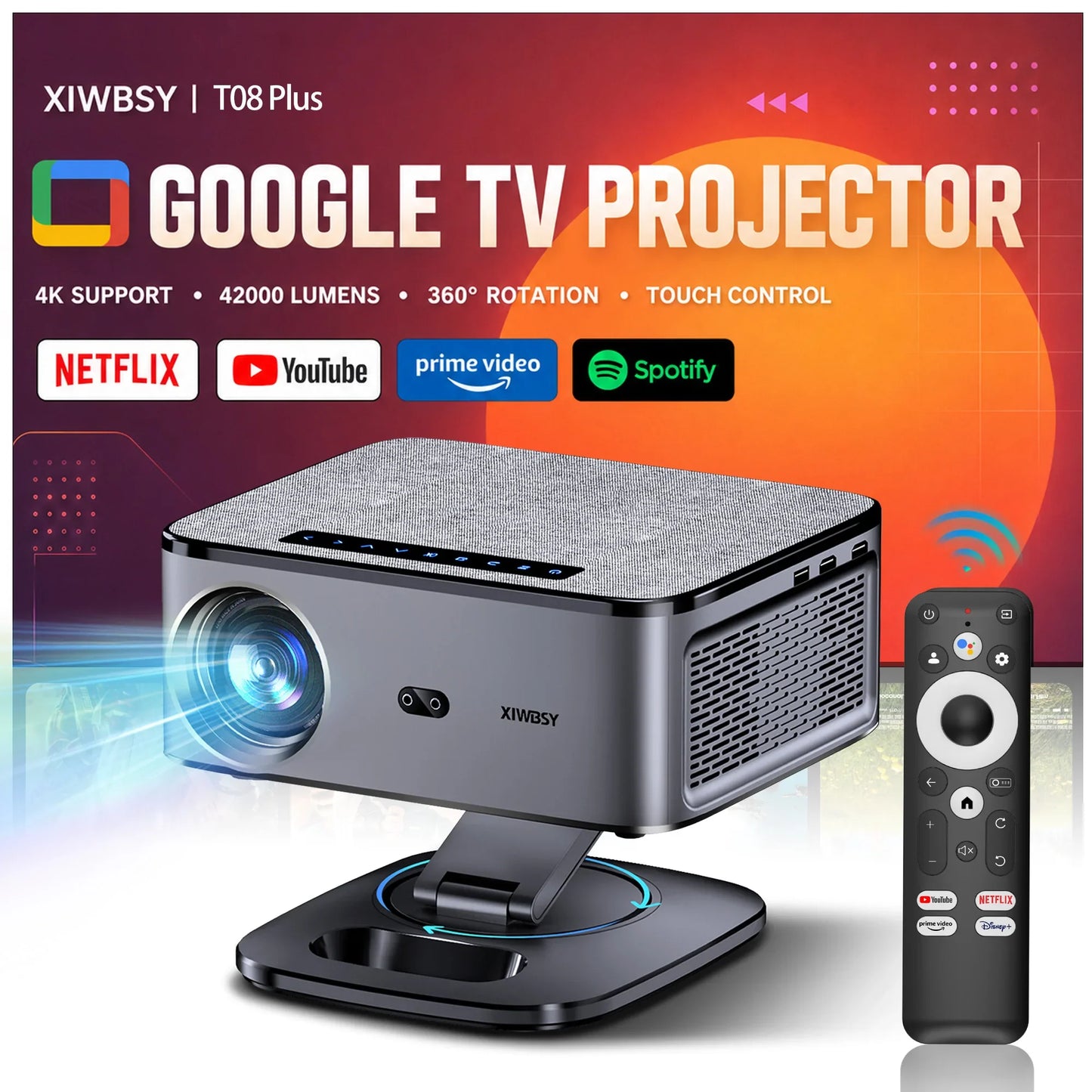 XIWBSY 2026 Portable 4K UHD Projector 42000Lumens Movie Google TV Projector BT5.4 WiFi6 Android TV 14.0 Smart Home Projector