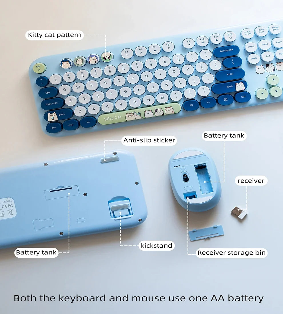 Full Size Wireless Keyboard Mouse Combo 104 Keys Retro Cute Cat Design Plug and Play Keyboard Mouse Set for Windows 7/8/10/XP