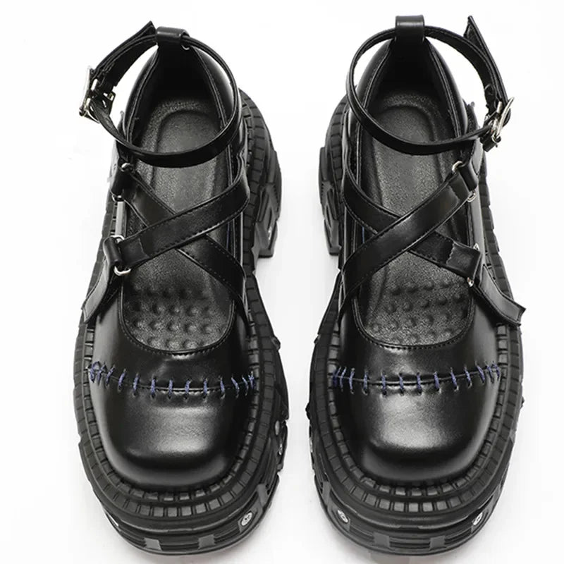 Gothic Mary Janes For Women Crossed-tied Ankle Strap Platform Shoes Round Toe Thick Bottom Female Shoes Punk Women Shoes 2026