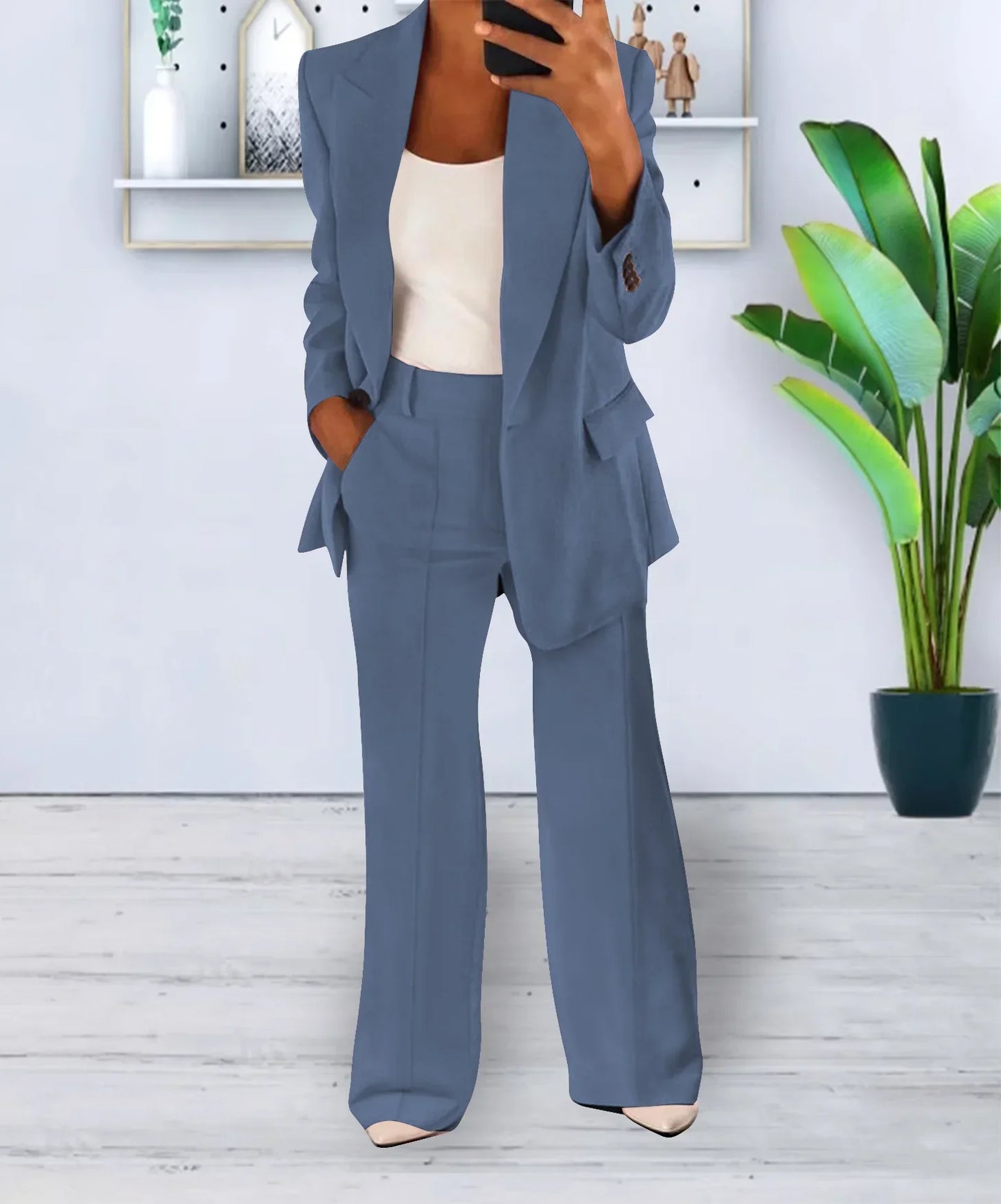 Women Suits 2 Pieces Set Fashion Lapels Single-button Coat Straight Leg Slim Pants Elegant Commuter Casuals Outfit Available 5XL