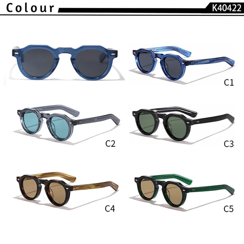 HBK Vintage Simple Round Men Sunglasses Small Frame High-Quality Acetate Frame Sun Glasses Women Party Travel Outdoor Glasses