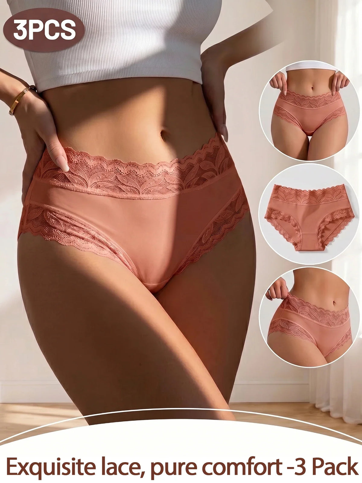 Premium 3-Piece Lace Panties Set – Breathable High-Waist Briefs for Women