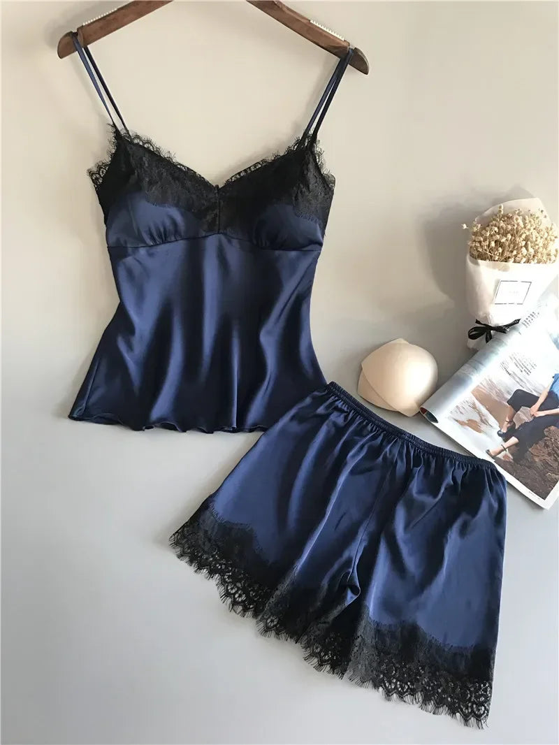 Women's Lace Satin Pajama Sets Sexy Nightwear Summer Sleeveless Tops+Shorts 2 Pcs Pyjamas Sleepwear Loungewear