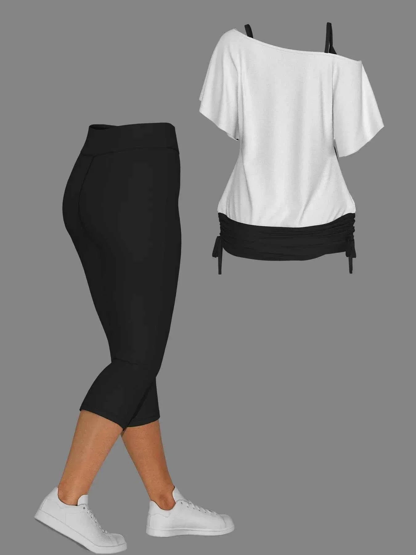 Plus Size Gothic Skull One-Shoulder Short Set Streetwear