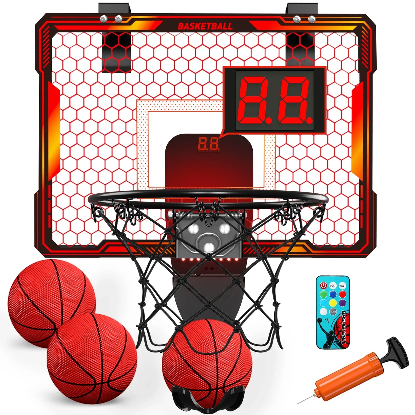 Mini Indoor Basketball Hoop with 7 LED Lights Scoreboard 3 Play Modes Adjustable Volume over Door Foldable for Kids Adults