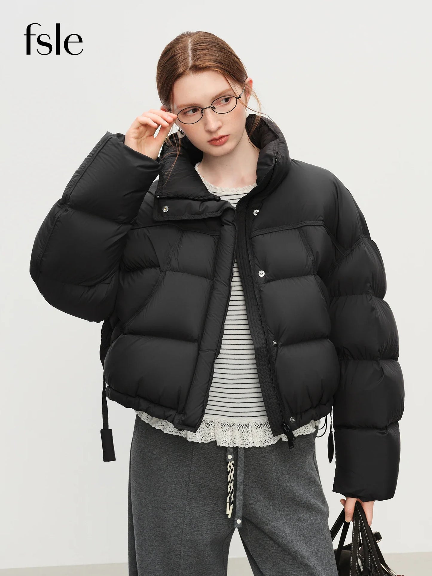 FSLE Winter 2025 Women Cloud-Like Puffer Coat - Stand Collar Short Down Jacket Lazy Chic Style Glossy Finish for Casual Comfort