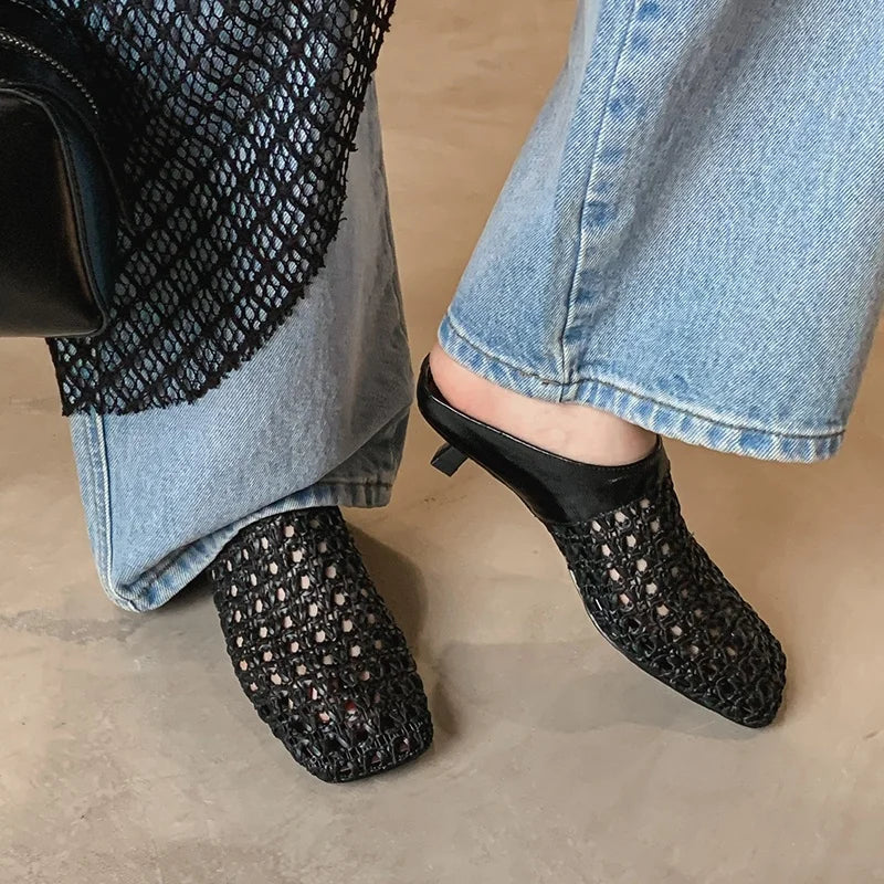 2026 Women Slippers Square Toe Med Heel Women Shoes Roman Black Women Sandals Gladiator Handmade Ladies Modern Slippers
