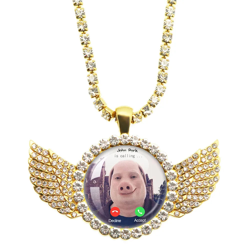 John Pork Is Calling Answer Call Phone Humor Funny Pig Lover Graphic The Moon Necklace Angel Wings Pendant Necklace Jewelry Gift