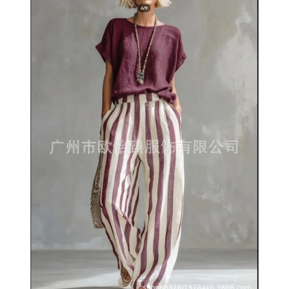 Fashion Linen Printed Striped Trousers Short-sleeved Women 2piece Set Summer New Retro Loose Wide-leg Trousers Female Casual Set