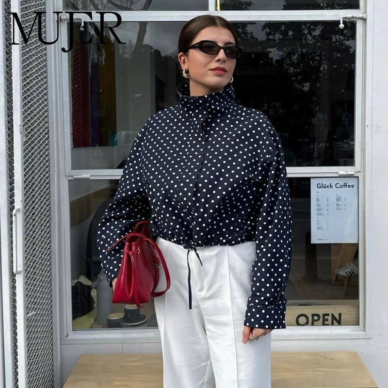 MUJER Polka Dot Bomber Jackets for Women Oversized Cropped Jacket Woman Long Sleeve Women's Jacket Fashion Winter Coat Female