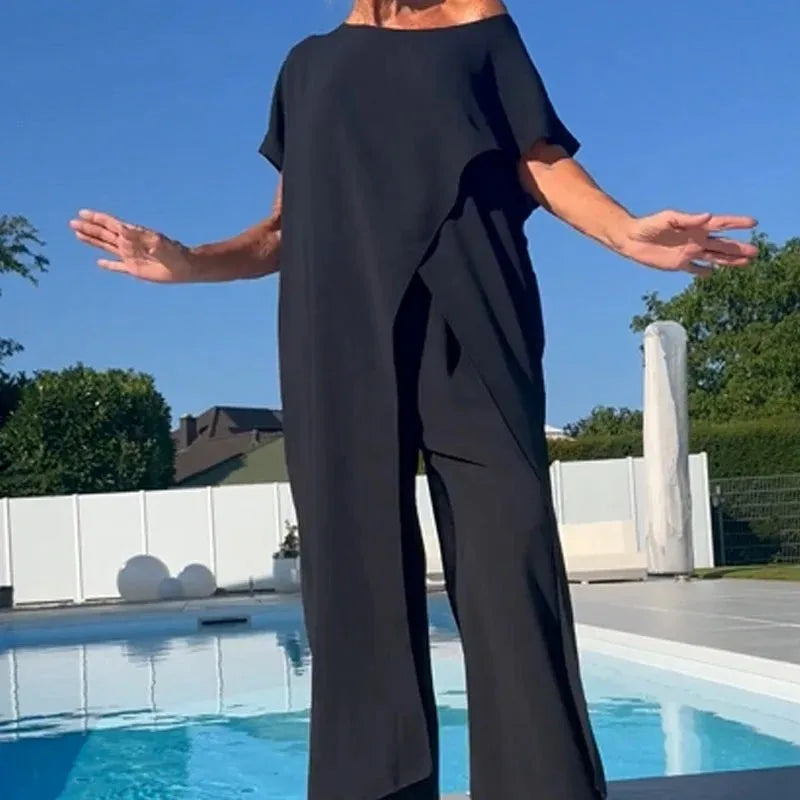 Women's Casual Loose Irregular Suit Solid Elegant Short Sleeved Round Neck Long Tops + Wide Leg Pants 2 Piece Set Summer Holiday