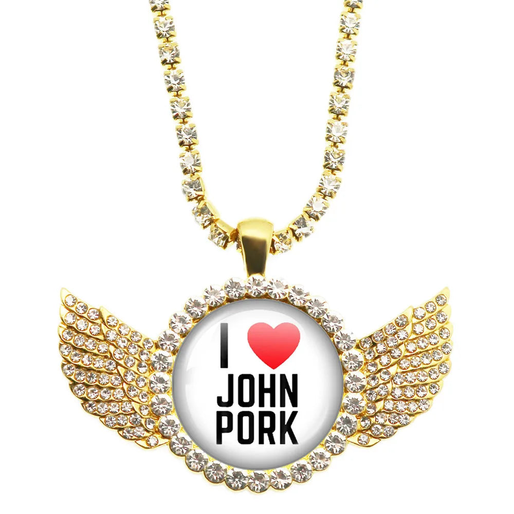 John Pork Is Calling Answer Call Phone Humor Funny Pig Lover Graphic The Moon Necklace Angel Wings Pendant Necklace Jewelry Gift