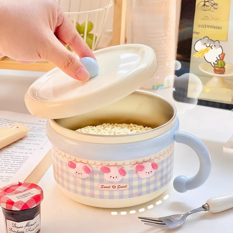 Tazón de ramen Kawaii pastel a cuadros con tapa