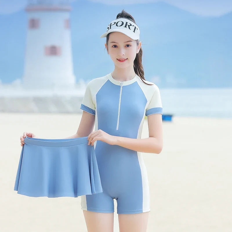Girls  Short Sleeve Swimsuit with Skirt