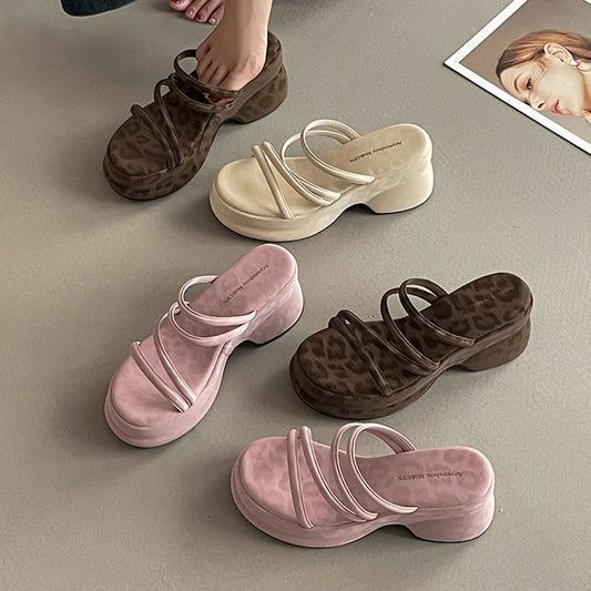 Summer Platform Heel Women Slippers Fashion Open Toe Narrow Band Slide Ladies Elegant Street Style Shoes Fashion Sandals Slides