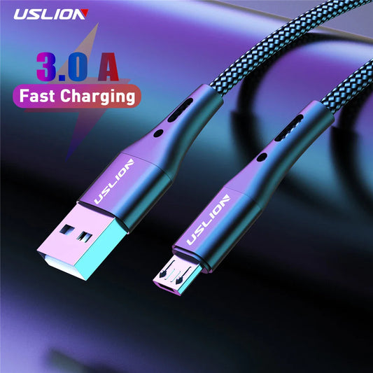 USLION Black Micro USB Cable Fast Charging For Xiaomi Android Mobile Phone Data Cable for Samsung Micro USB Charger Wires 3M/2M