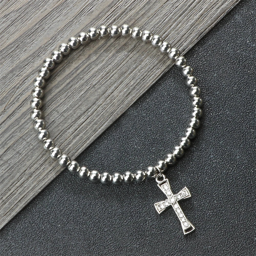 5mm Copper Beaded Bracelets With Alloy Cross Pendant Bangles Fashion Women Elastic Rope Wristbands Men Energy Yoga Jewelry Gifts