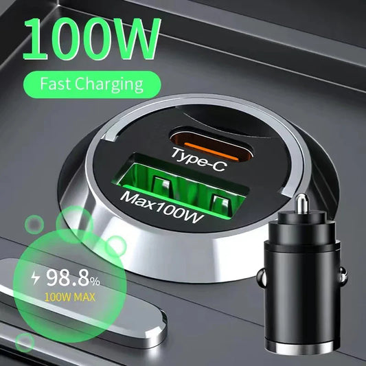 100W USB Car Charger Dual Ports Fast Charging Car Phone Charger For iPhone Samsung Xiaomi Quick Charge 3.0 Type C Charger In Car