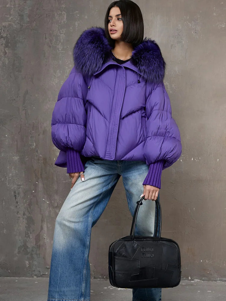 Women Winter Goose Down Jackets Real Fox Fur Collar Hooded Thick Natural Raccoon Fur Female Outwear Warm Loose Puffer Coats