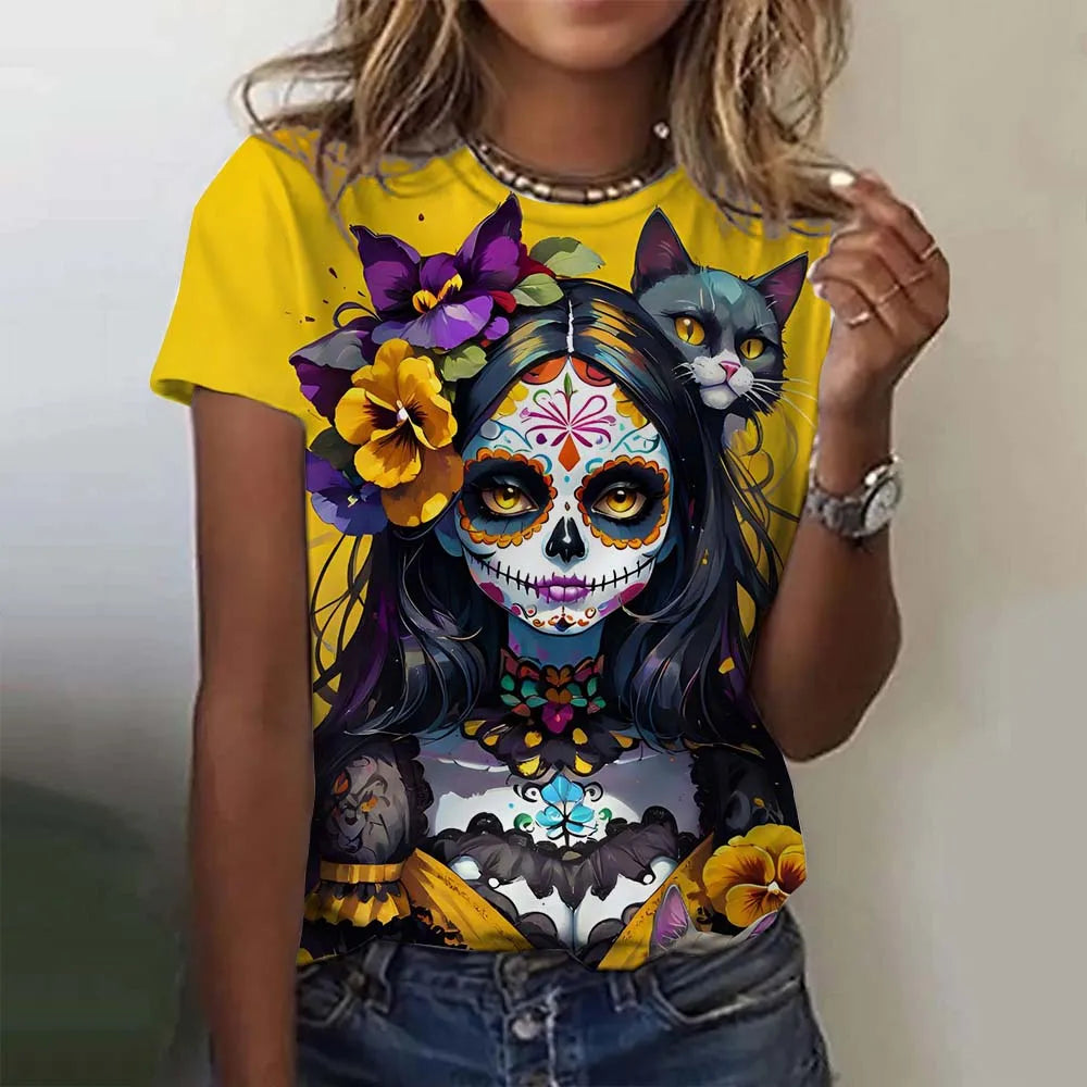 Fashion Women's T-shirt for Girls Summer Short Sleeve Sexy Girls Clothes Day of the Dead Undead Skull Pattern oversized T-shirts
