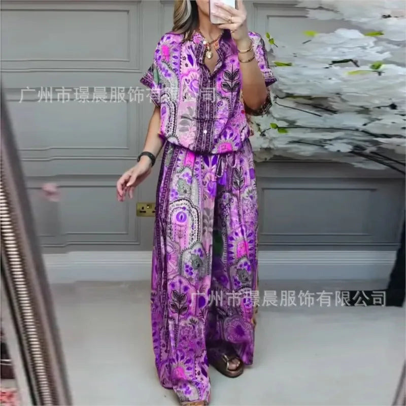 Retro Bohemian Print Set 2025 Summer Women's Two-piece Suit Short-sleeved Shirt Top + Wide-leg Pants for Summer Vacation Female